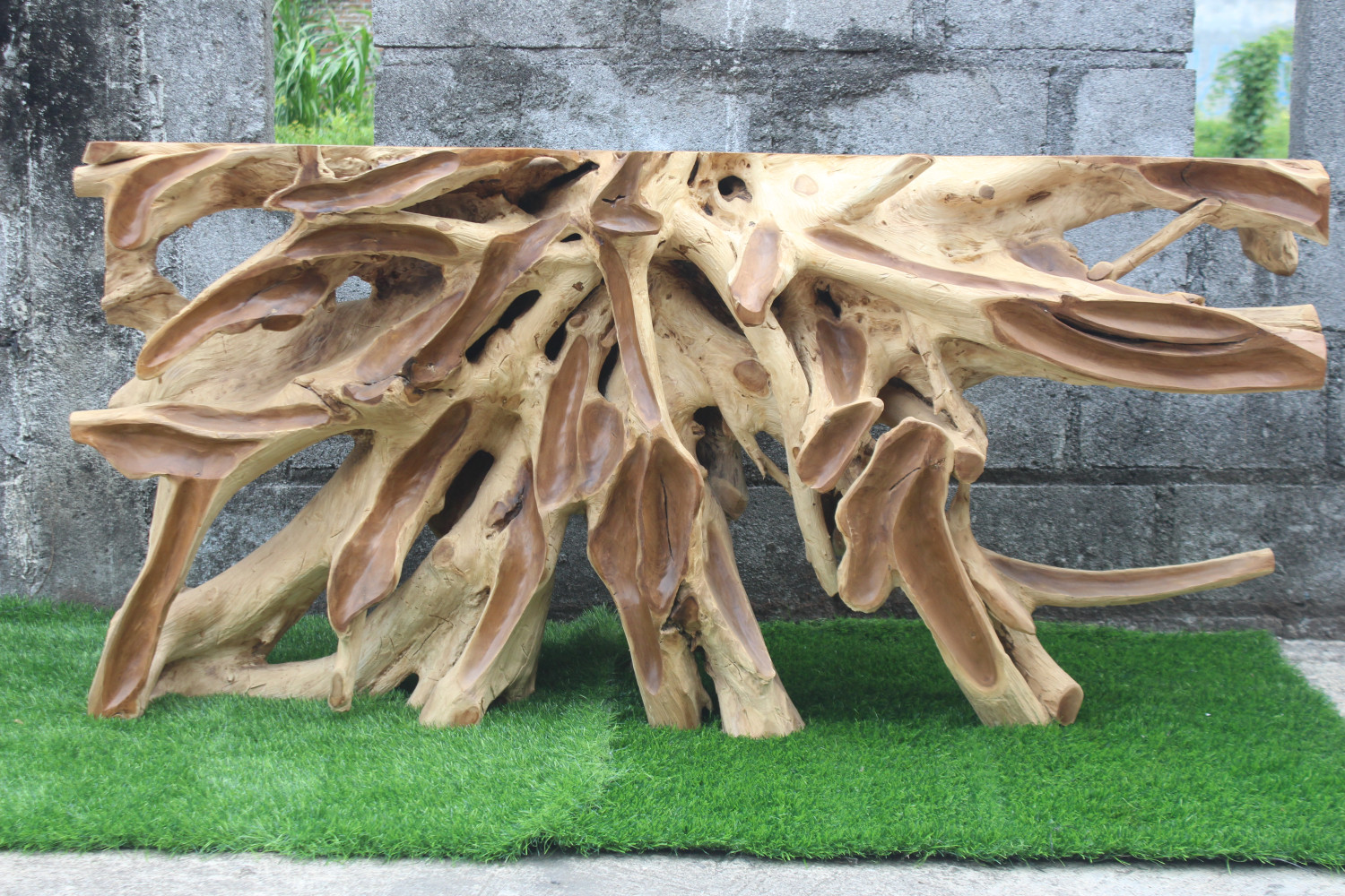 Teak Root Console Table with Carving